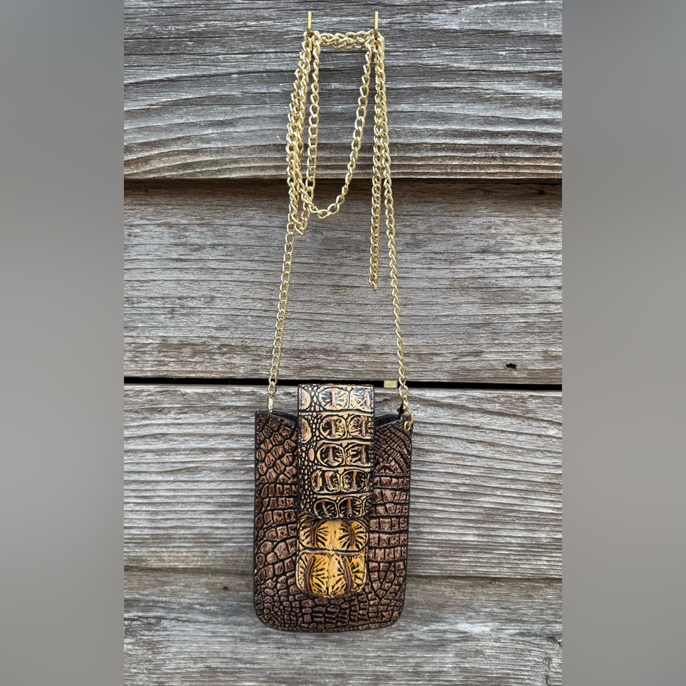 NEW- Gold & Brown Croc-Embossed Genuine Leather Crossbody Phone/Wallet Holder